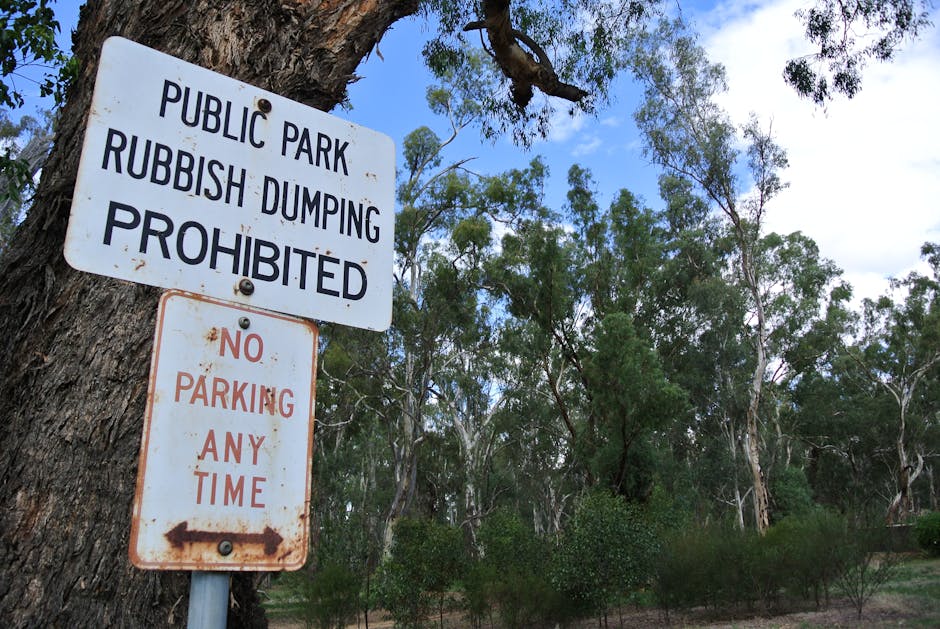 A white rectangular sign attached to a large, textured tree trunk in a public park, with black text stating 'Public Park Rubbish Dumping Prohibited' at the top and a smaller white sign below reading 'No Parking Any Time' in red letters with an arrow pointing left. The background features a canopy of leafy green trees against a partly cloudy sky, indicating an outdoor setting. The scene highlights the park's restrictions on waste disposal and parking, as managed by local authorities such as Waste Disposal Colliers Wood, relevant to community waste regulations and alternative rubbish removal options.